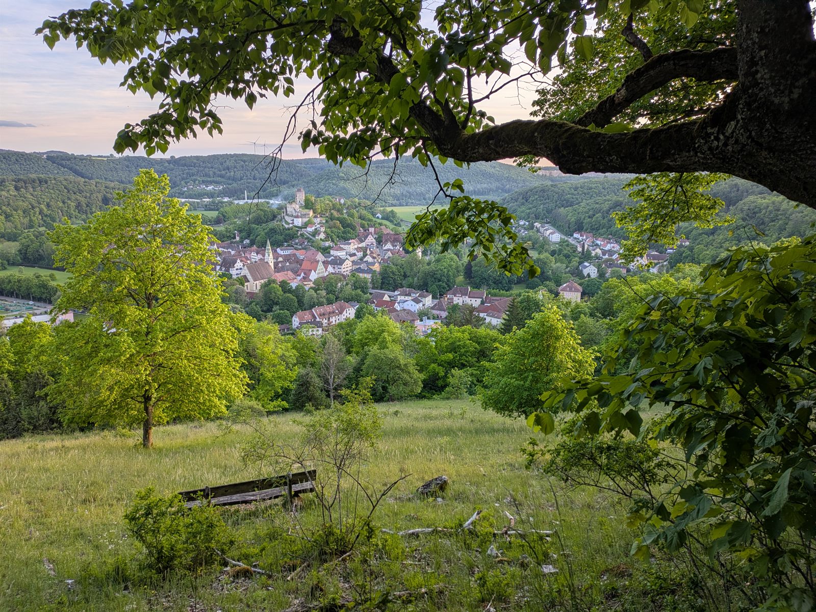 Weiter Blick von einer Anhöhe über Wiesen, Wälder und ein Tal mit Fluss in der Ferne